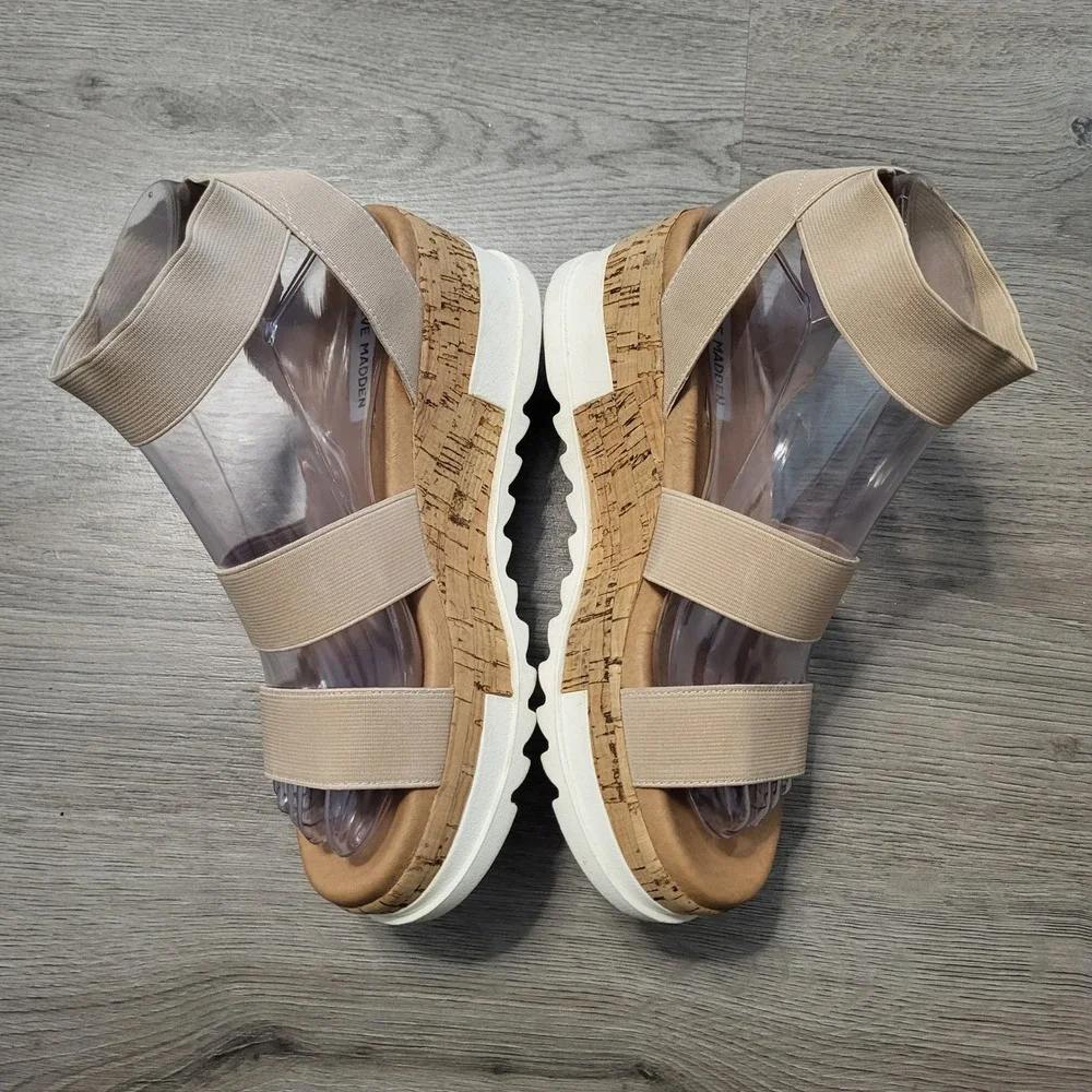 Steve Madden Bandi Tan Elastic Platform Cork Wedge Sandals Women's 6.5 Neutral